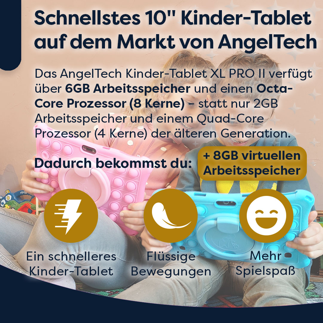 Kinder halten Tablets: Ein blaues und ein pinkes Tablet mit Icons für Geschwindigkeit und Spaß.