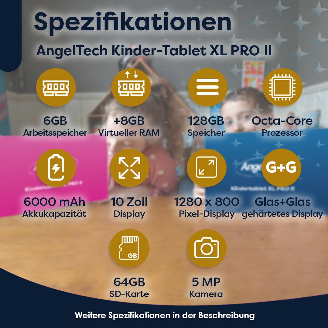 Spezifikationen des AngelTech Kinder-Tablets XL PRO II mit Icons für RAM, Speicher, Akku, Display.