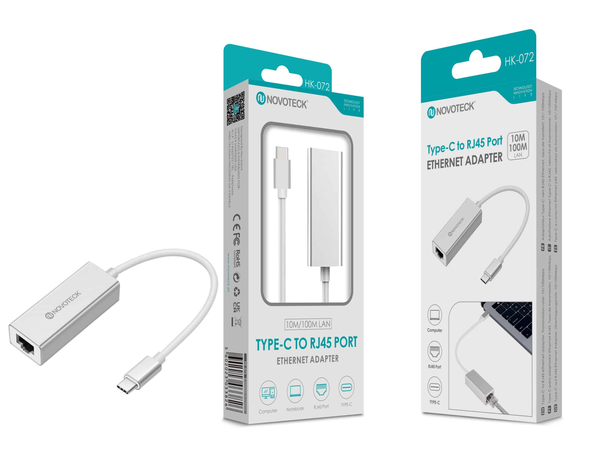 Adaptador Ethernet Novoteck Type-C a RJ45: carcasa metálica plateada, cable blanco.