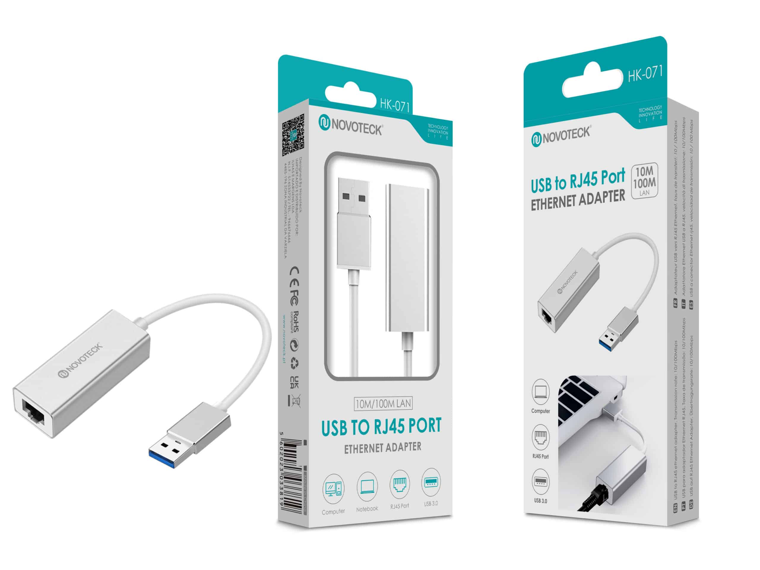 Dos adaptadores Ethernet USB a RJ45 Novateck blancos con embalaje.