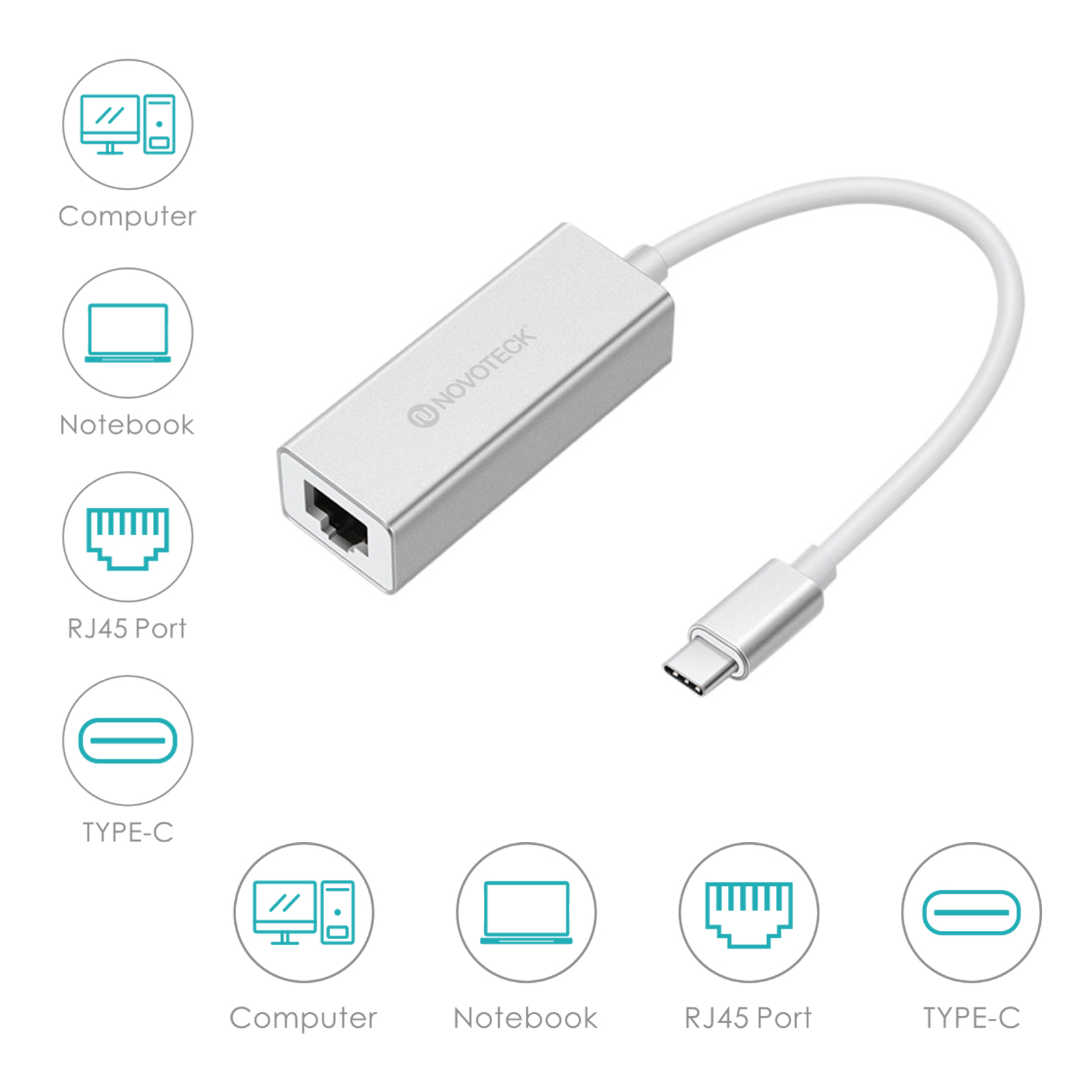 Adaptador USB-C a RJ45 plateado con cable y puertos.