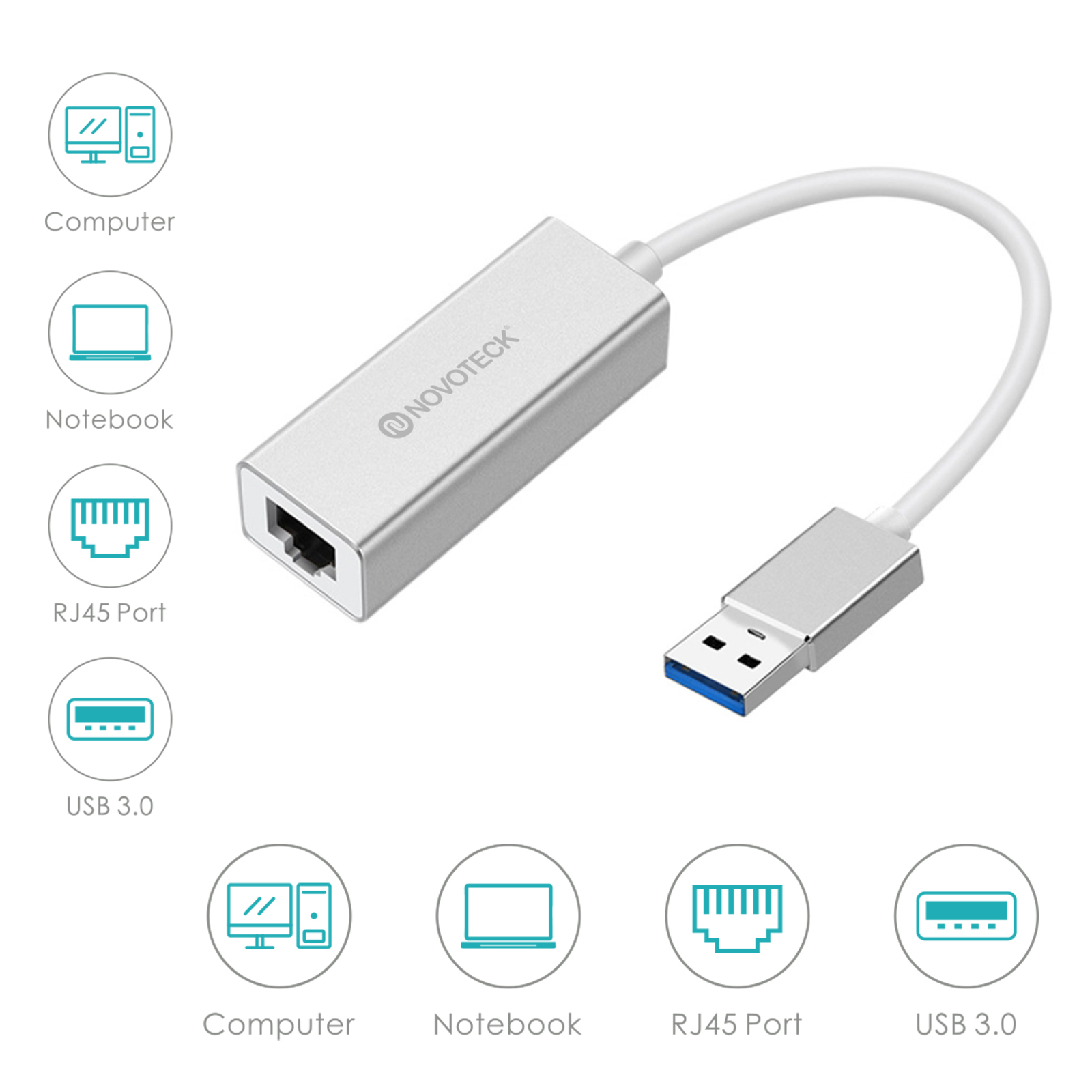 Adaptador USB a RJ45 plateado con cable y conector USB 3.0.