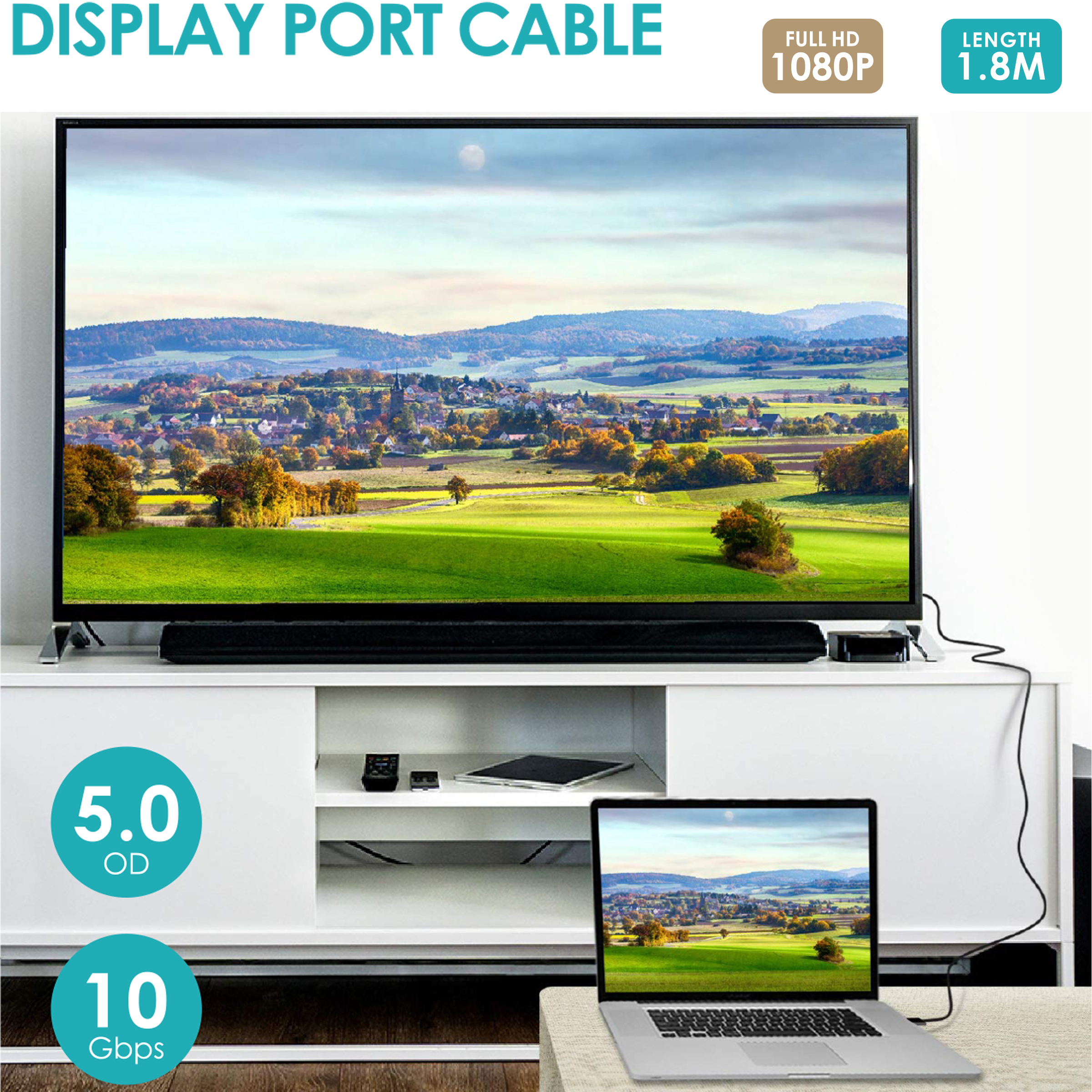 Un portátil y un televisor grande muestran un paisaje.