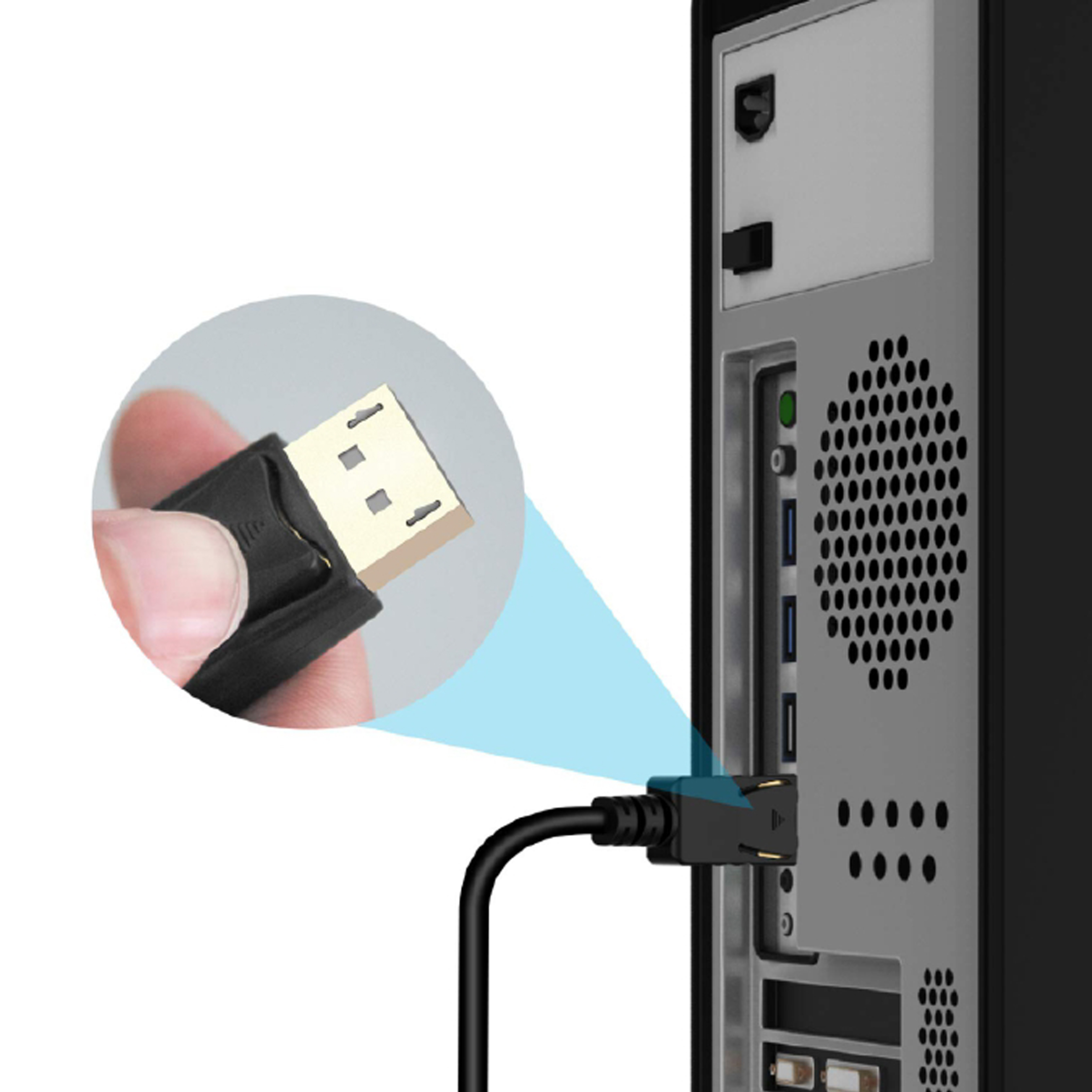 Un dedo conecta un conector DisplayPort negro a un puerto de computadora.