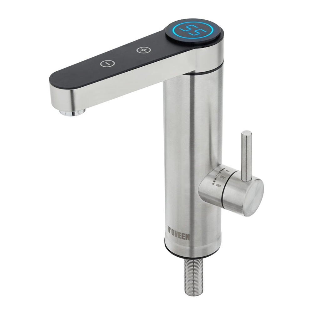 Nowoczesna bateria ze stali nierdzewnej z cyfrowym wyświetlaczem temperatury i panelami dotykowymi.