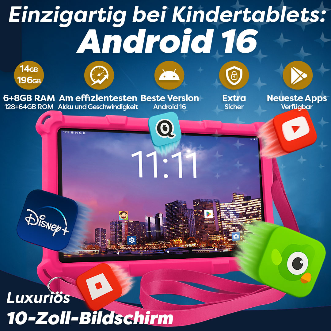 Ein pinkes Tablet mit Android 16, App-Symbolen und Text über Spezifikationen.