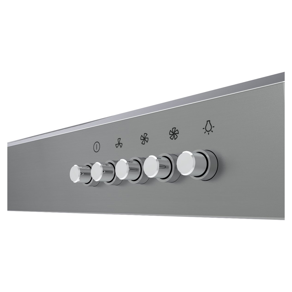 Een aan/uit-knop, ventilator-symbolen en een lichtsymbool boven draaiknoppen.