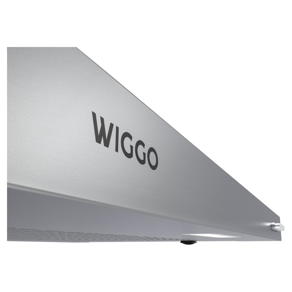 Zilverkleurige afzuigkap met WIGGO-logo en geïntegreerd licht.