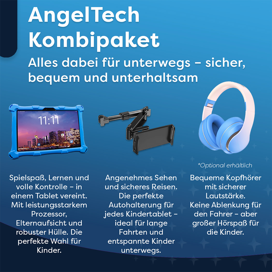 AngelTech Kombipaket mit Tablet, Autohalterung und Kopfhörern.