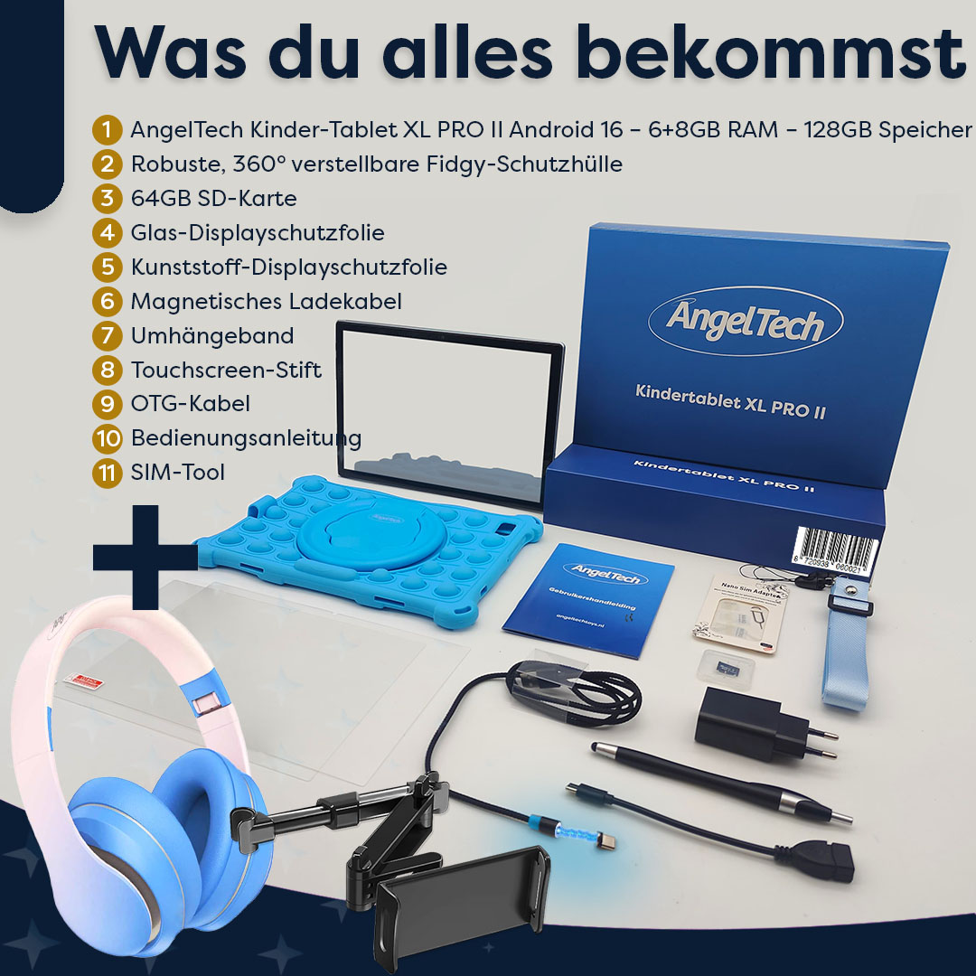 AngelTech Tablet-Set mit Zubehör: Tablet, Hülle, Stift, Kabeln, Kopfhörern.