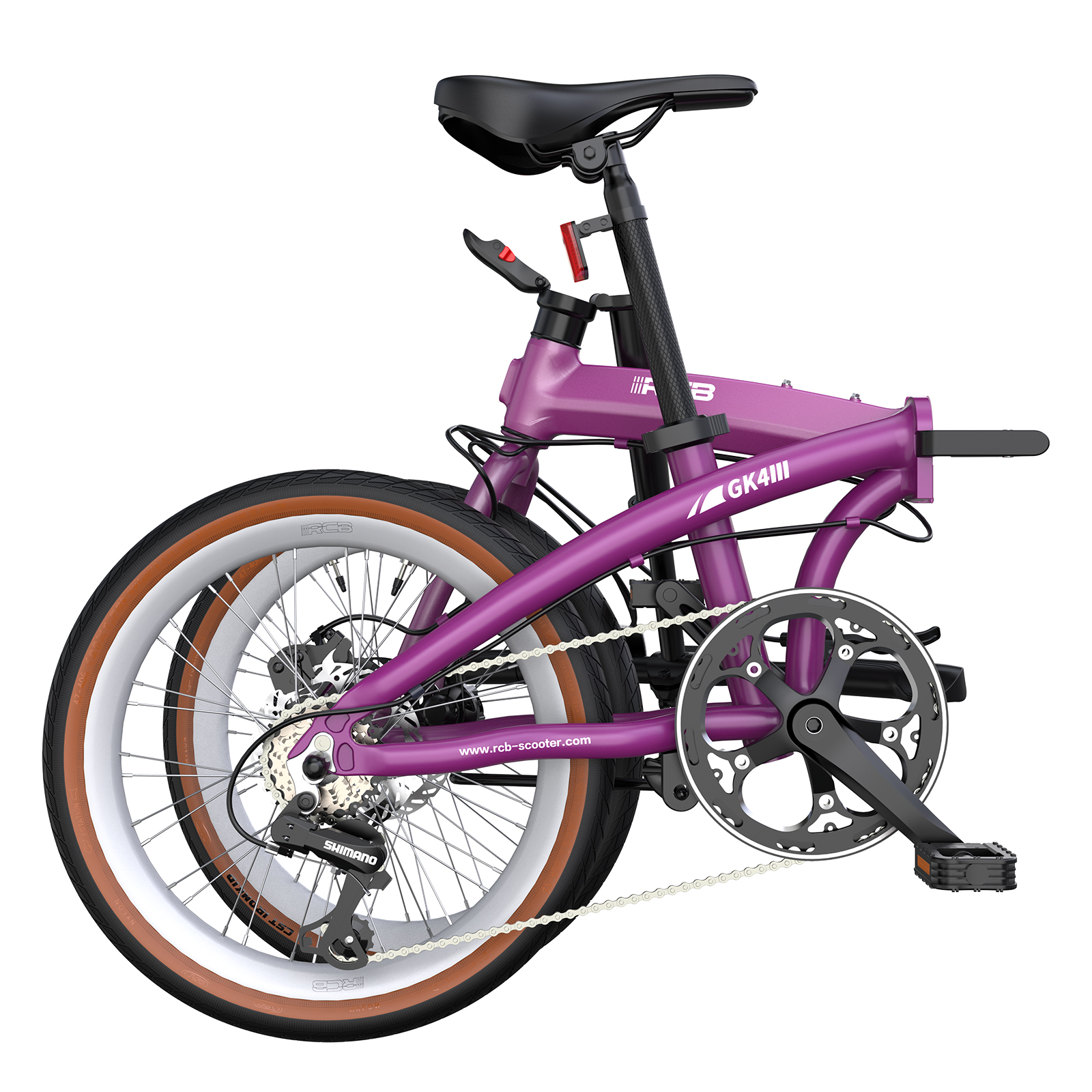Lila faltbares Fahrrad mit schwarzen Akzenten, weißer Felge und braunem Reifen.