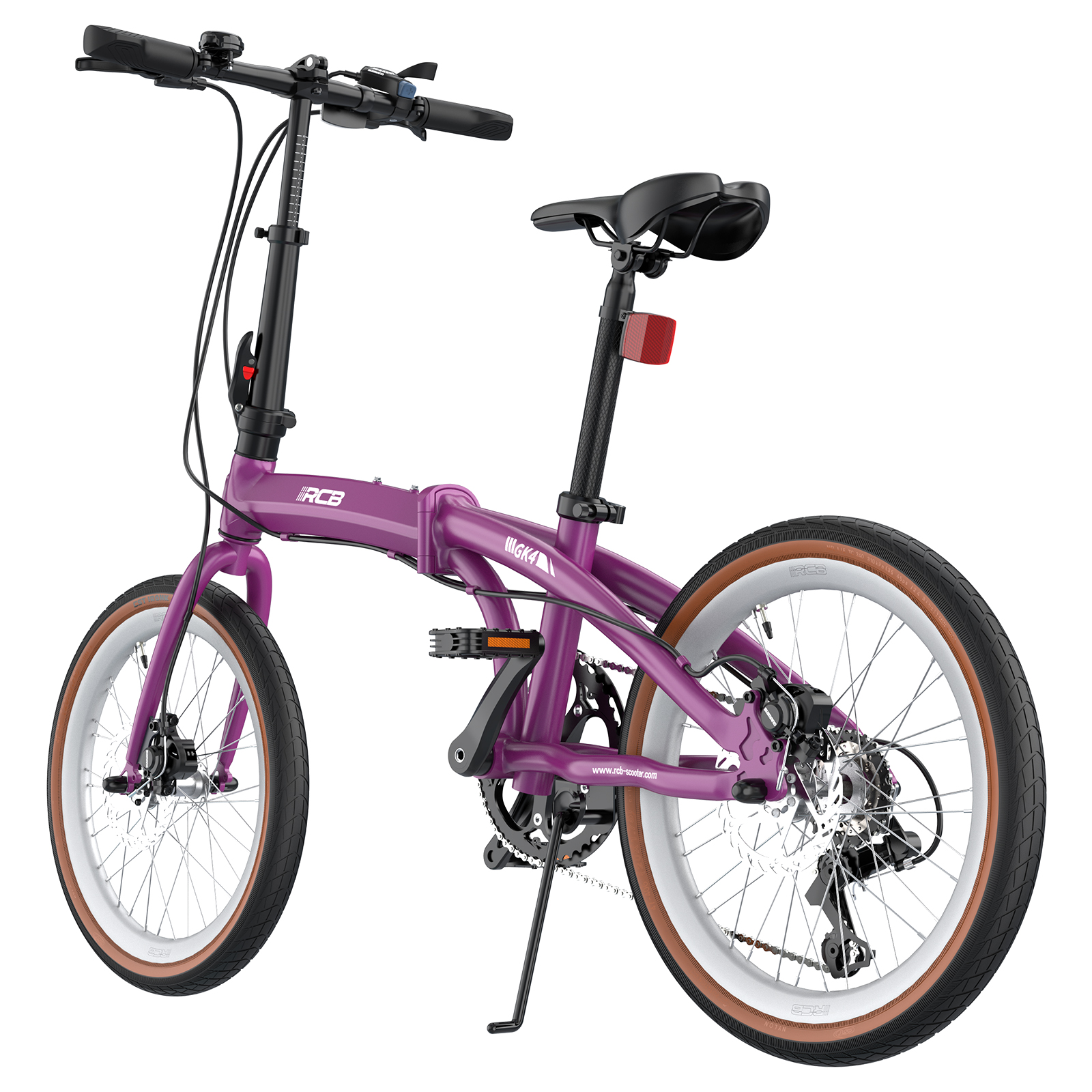 Lila faltbares Fahrrad mit schwarzen Griffen, Sitz, Reifen und Kette.