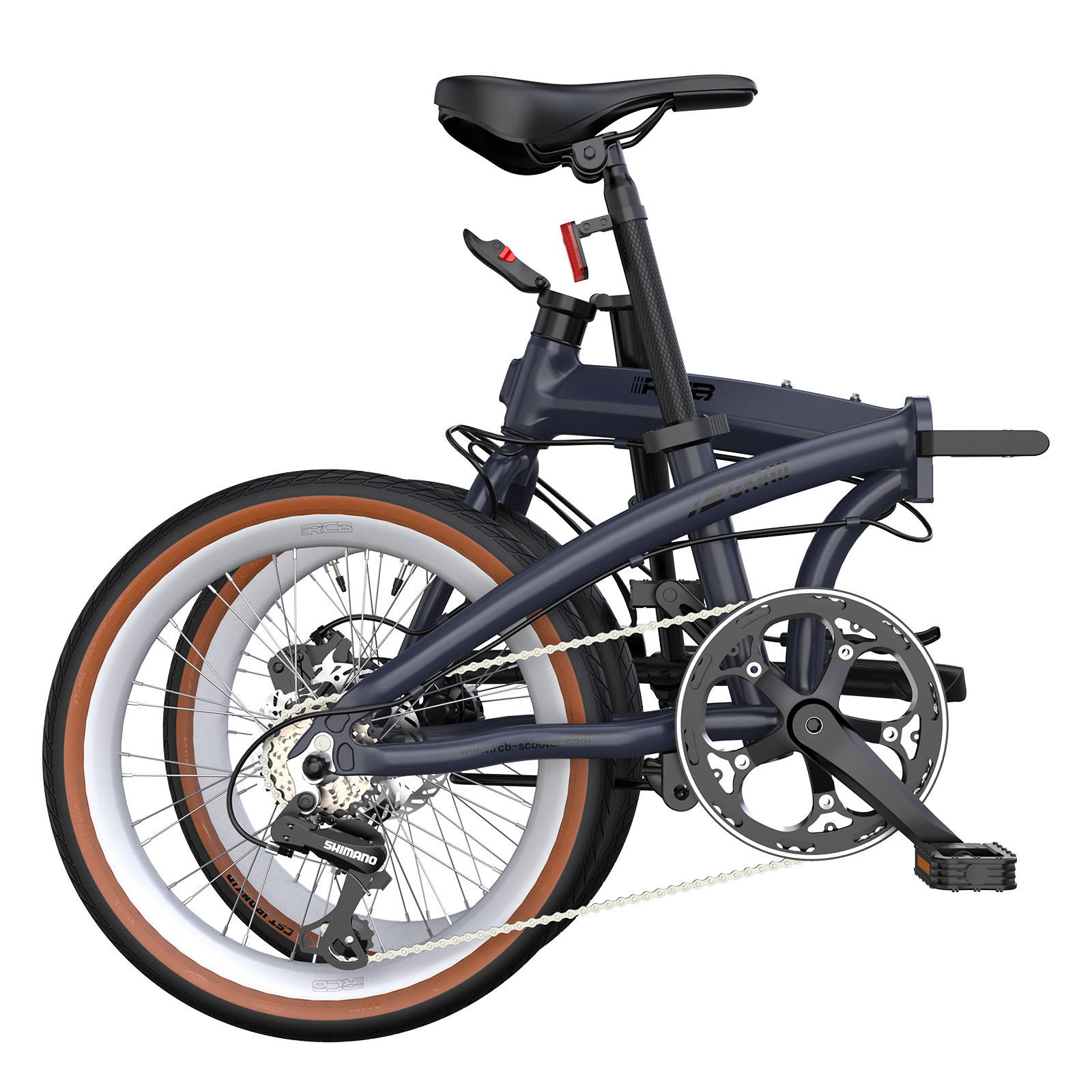 Ein dunkelblaues Klappfahrrad mit braunen Reifen und silbernen Felgen.