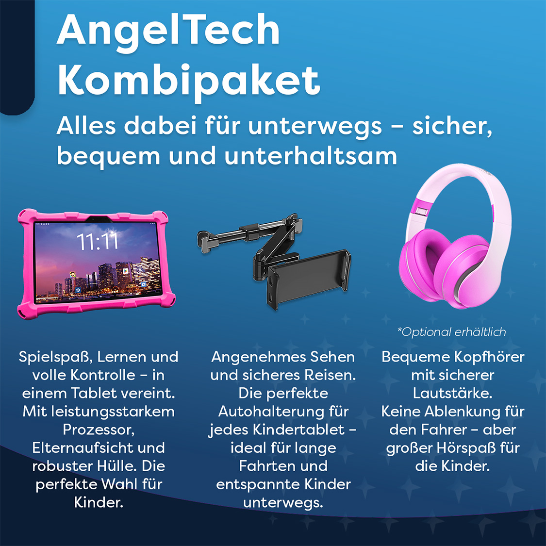 AngelTech Kombipaket: Tablet, Halterung, Kopfhörer für unterwegs.