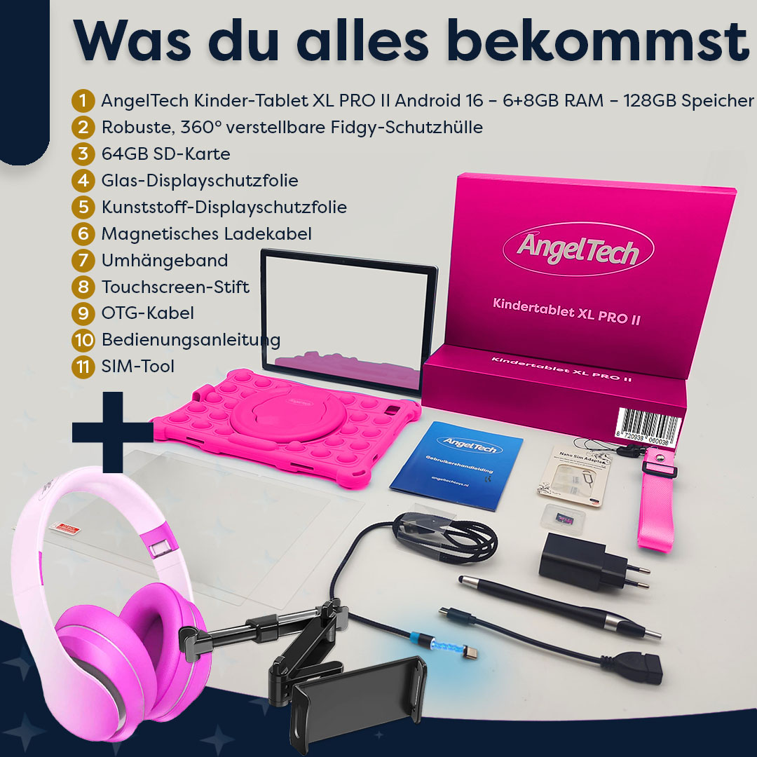 AngelTech Tablet-Zubehör: Tablet, Hülle, SD-Karte, Stifte, Kabel, Kopfhörer, Ladegerät.