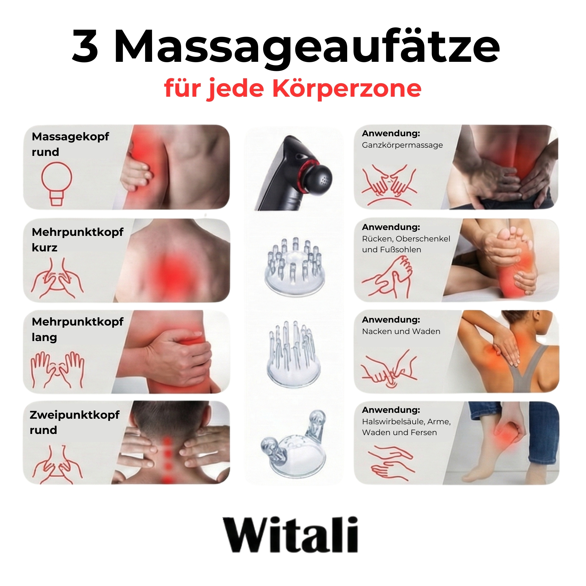 Drei Massageaufsätze für verschiedene Körperzonen mit Abbildungen.