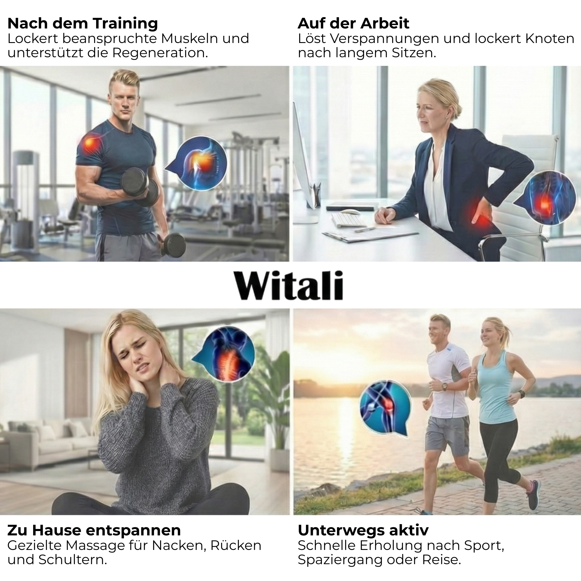 Mann im Fitnessstudio, Frau am Schreibtisch, Frau auf Sofa, Paar beim Joggen.