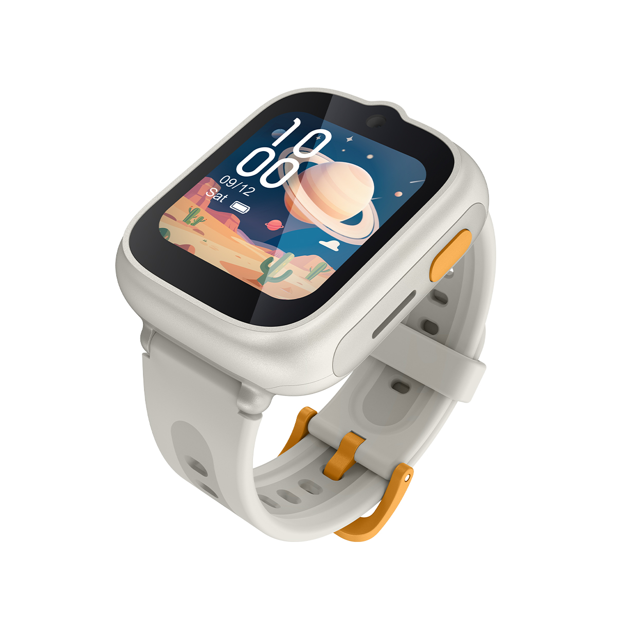 Un reloj inteligente gris con detalles naranjas y pantalla desértica espacial.