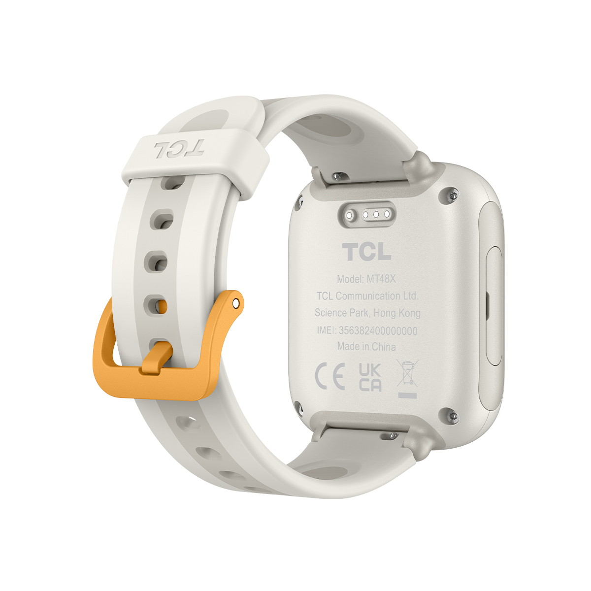 Un reloj inteligente TCL blanco modelo MT48X con hebilla naranja.