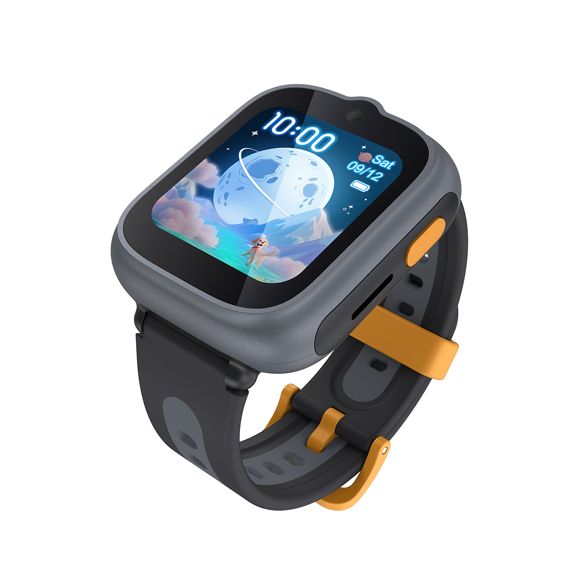 Reloj inteligente gris con detalles naranjas, muestra una luna de dibujos animados.