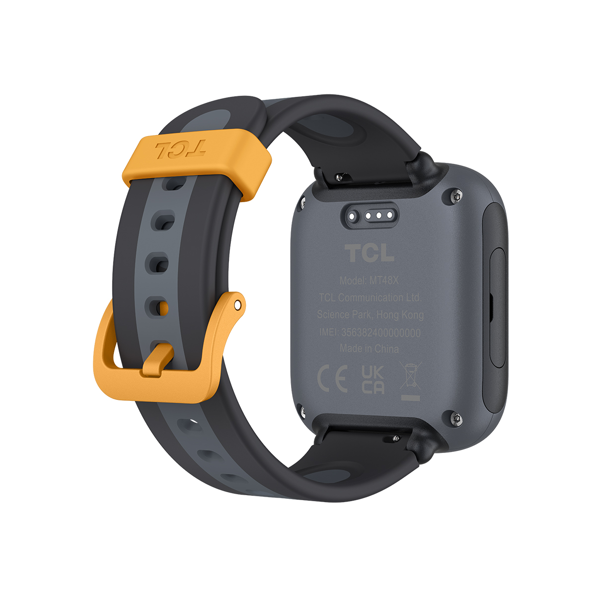 Uno smartwatch TCL grigio con cinturino nero e grigio con accenti gialli.