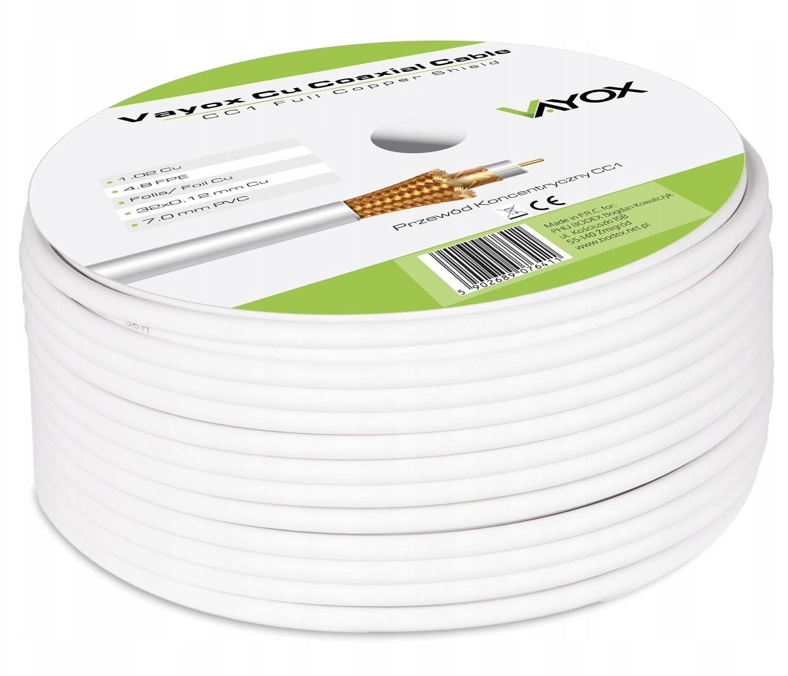 Rolka biaego kabla koncentrycznego Vayox CC1 z detalami produktu.