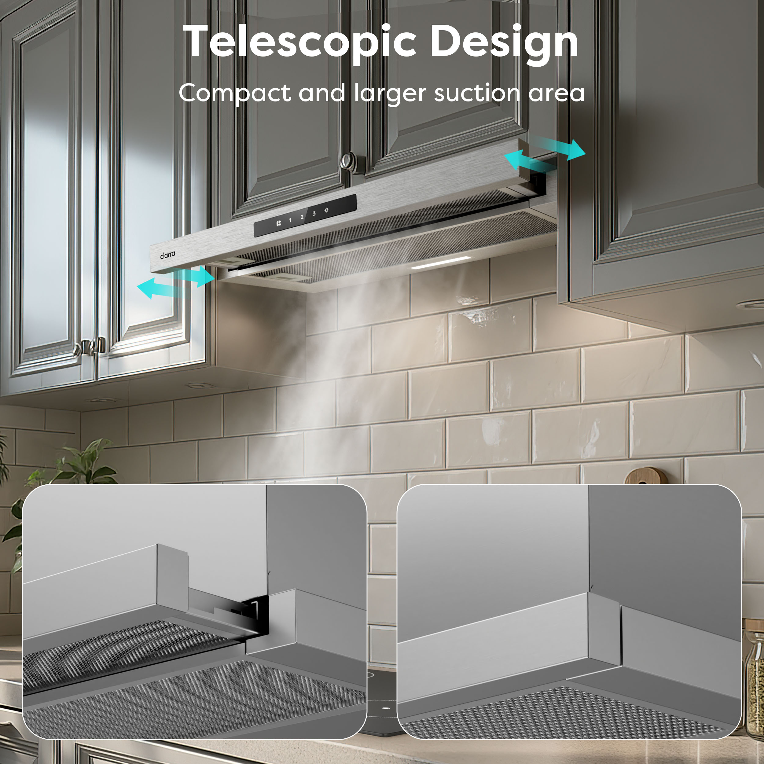 RVS afzuigkap met telescopisch ontwerp boven betegelde achterwand.