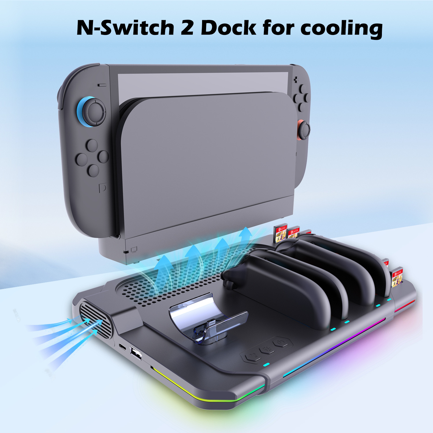 Ein N-Switch 2 Dock mit Lüftern, Ladeplätzen und Ladeanzeigen.