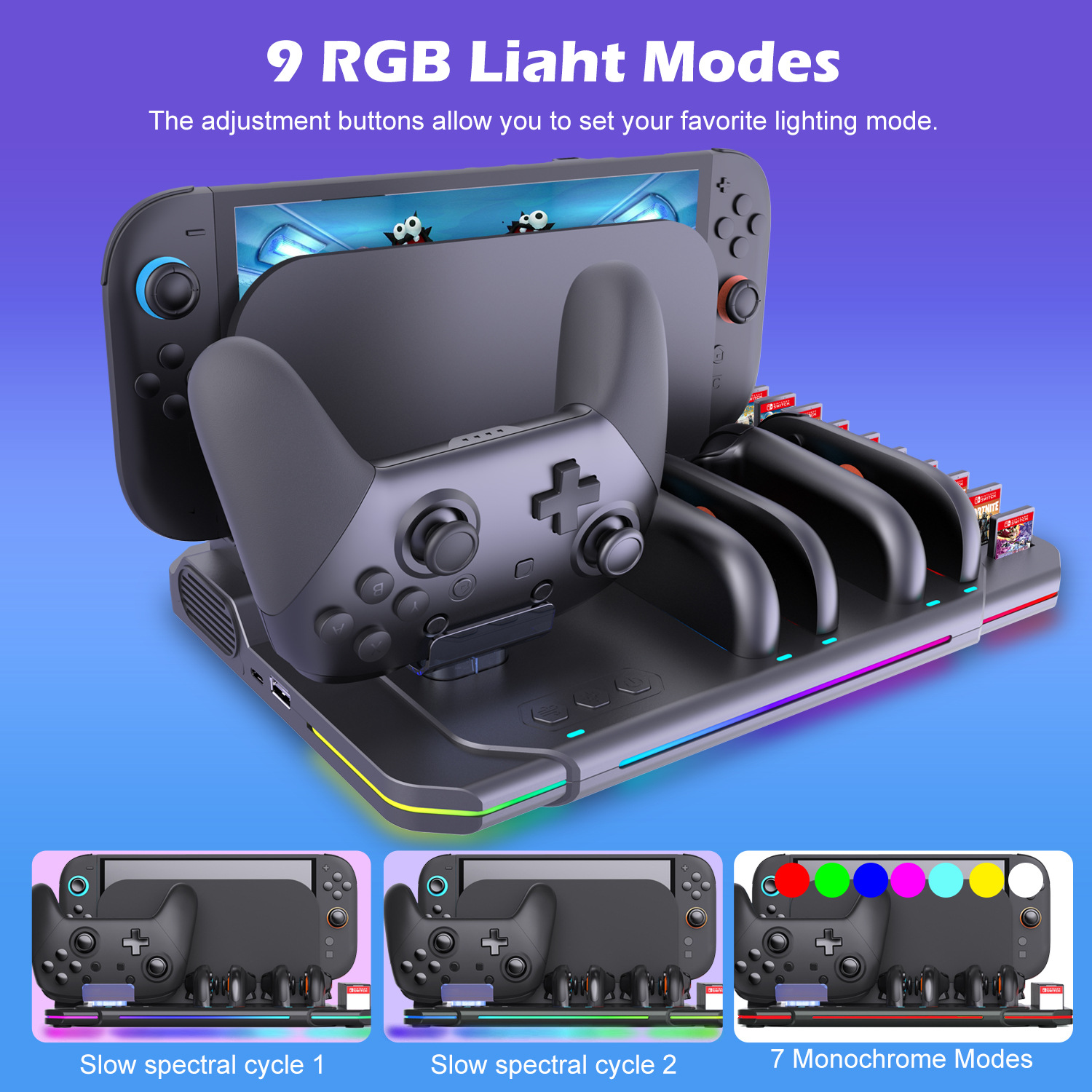 Ladestation für Spielekonsolen mit RGB-Beleuchtung und Zubehör.