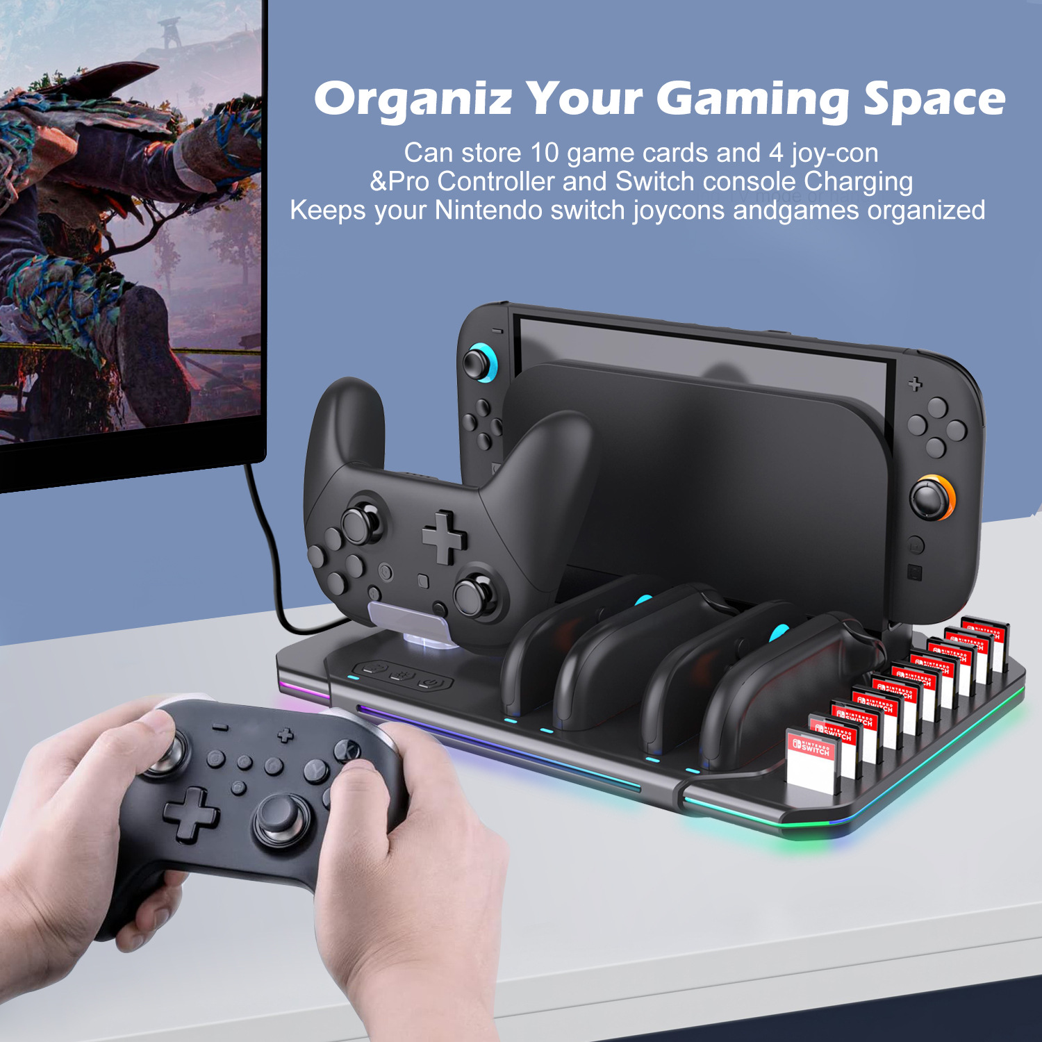 Eine Ladeschale für Nintendo Switch mit Platz für 10 Spiele, 4 Joy-Cons und 1 Pro Controller.