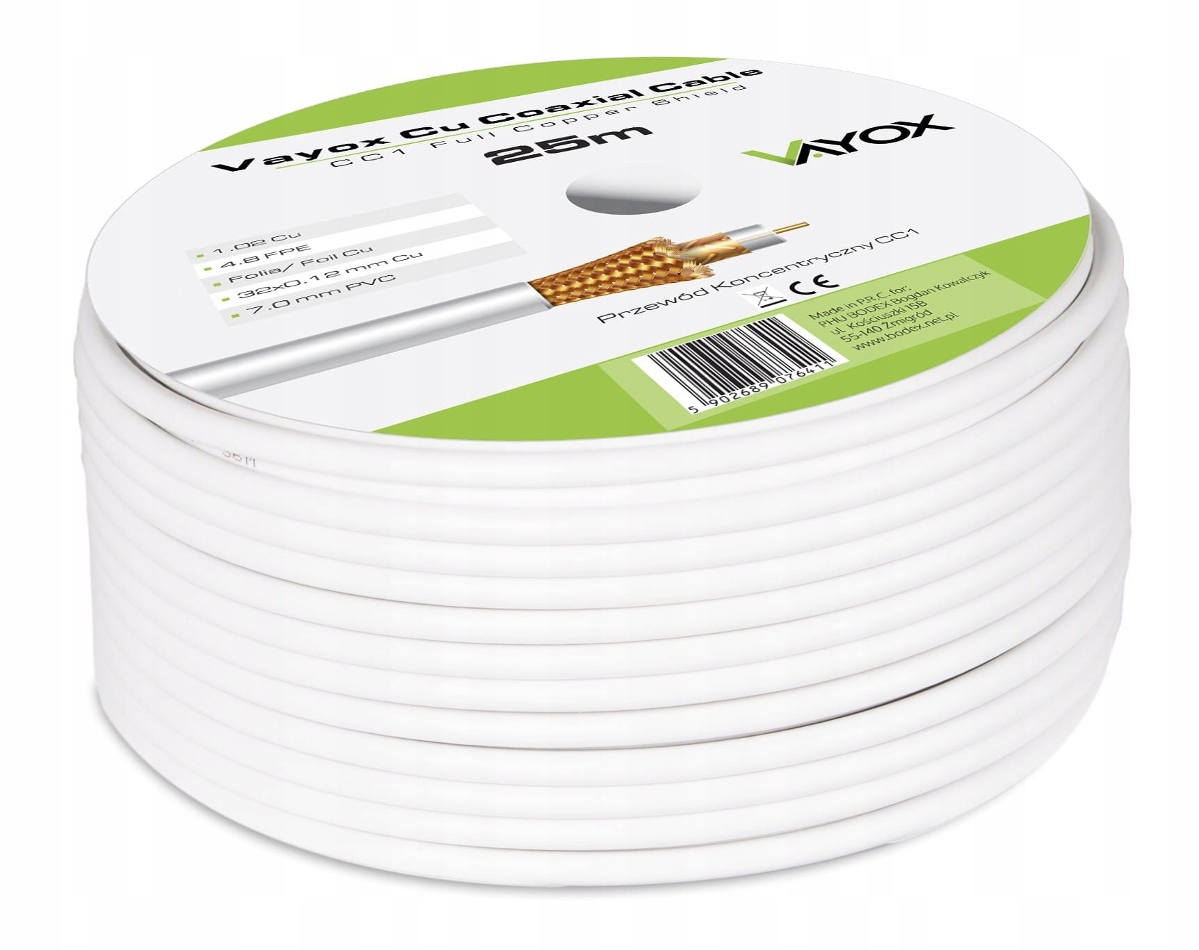 Szpula białego kabla koncentrycznego 25m, ze szczegółami budowy.