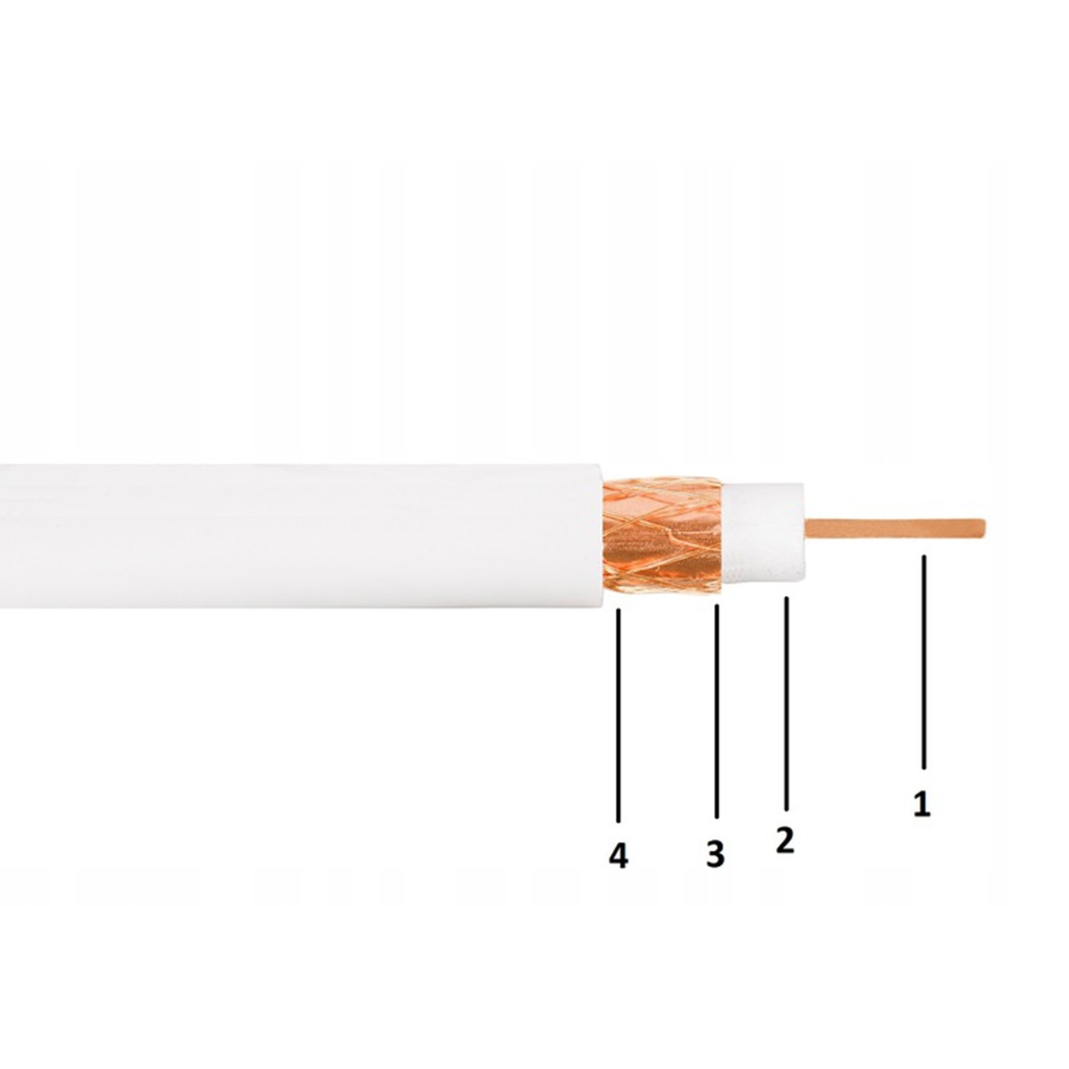 Zbliżenie kabla koncentrycznego pokazujące ponumerowane warstwy: 1 przewodnik, 2 izolator, 3 oplot, 4 płaszcz zewnętrzny.
