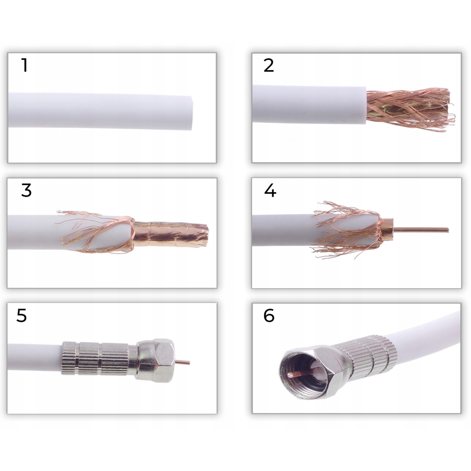 Instrukcja krok po kroku montażu złącza kabla koncentrycznego.