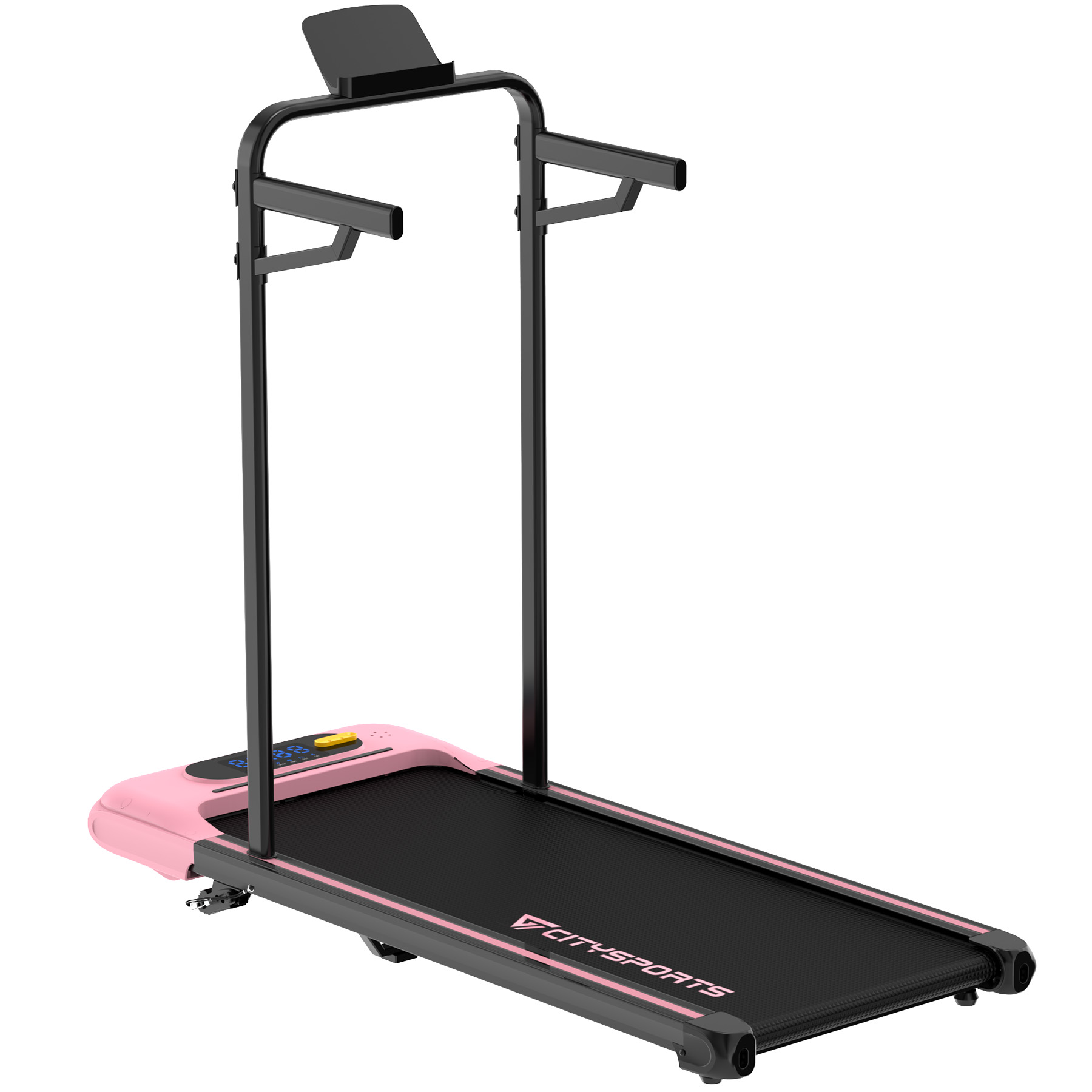 Różowa i czarna bieżnia z cyfrowym wyświetlaczem i uchwytami.