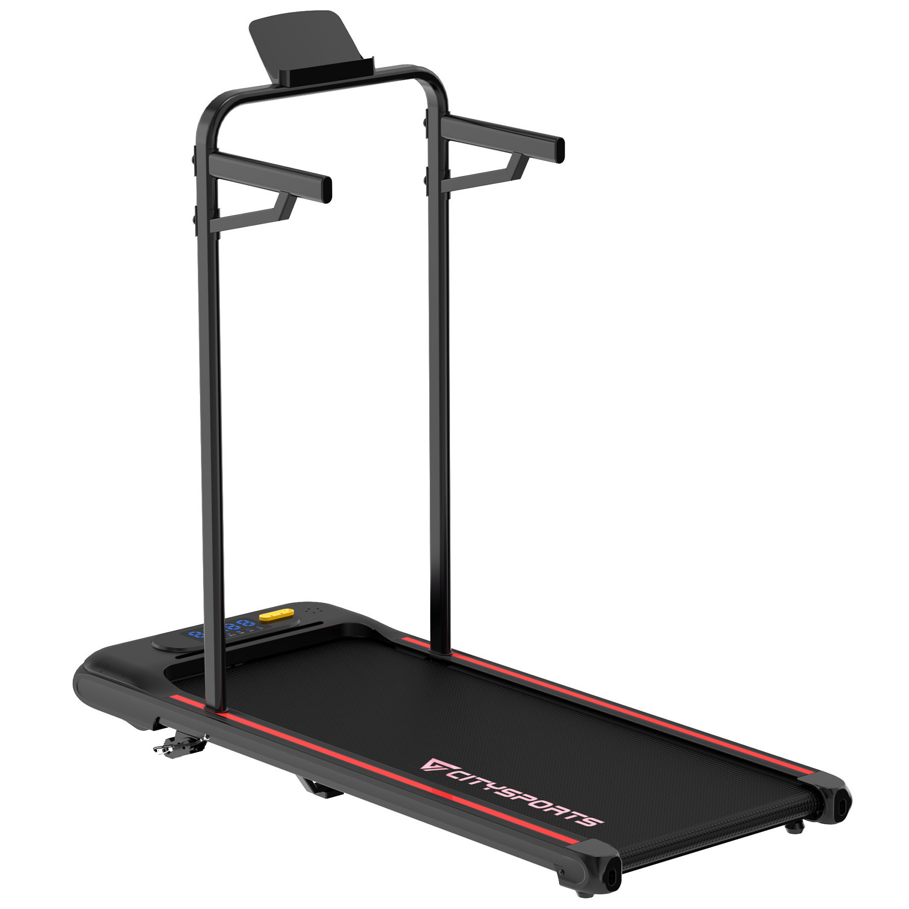 Czarna bieżnia z czerwonymi akcentami i wyświetlaczem.