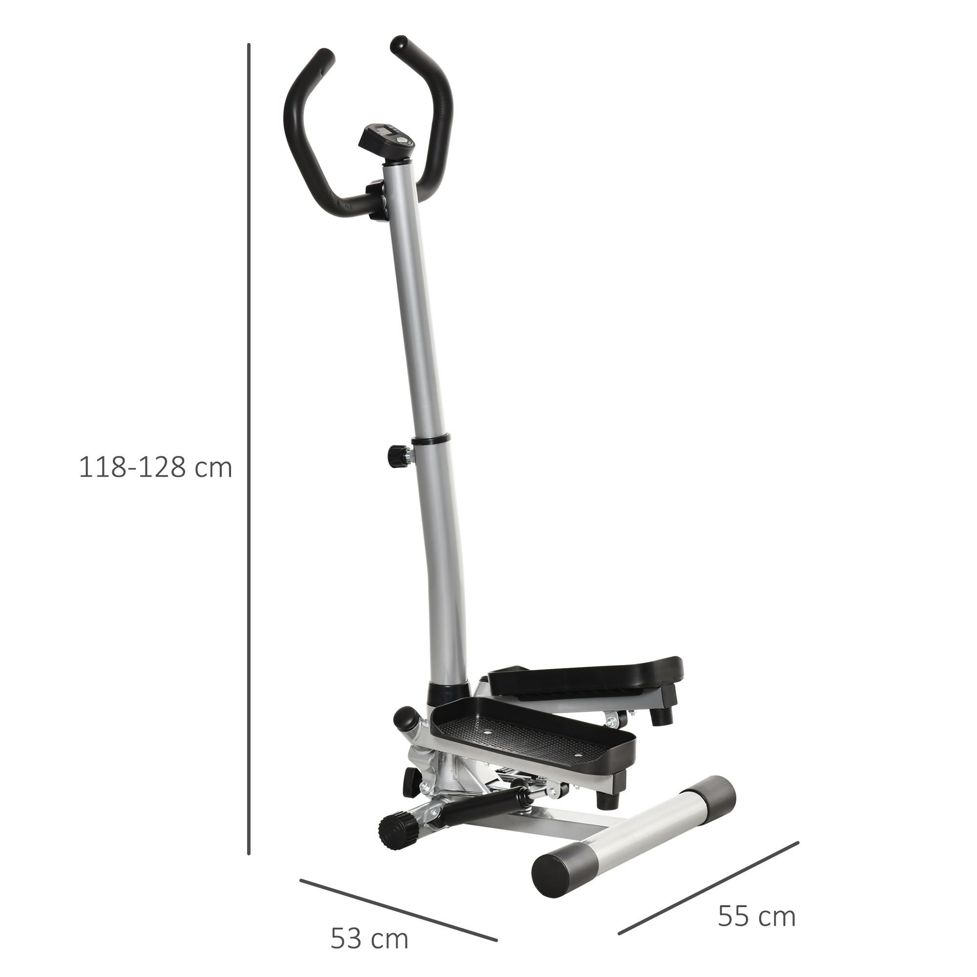 Srebrny stepper z czarnymi pedałami i uchwytami. Wymiary: 118-128 cm wysokość, 53 cm szerokość, 55 cm głębokość.