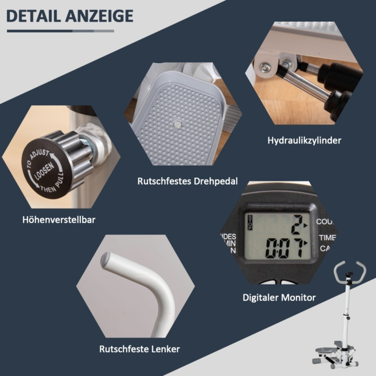 Szczegóły steppera: pokrętło regulacji, pedał, cylinder, monitor i uchwyt.