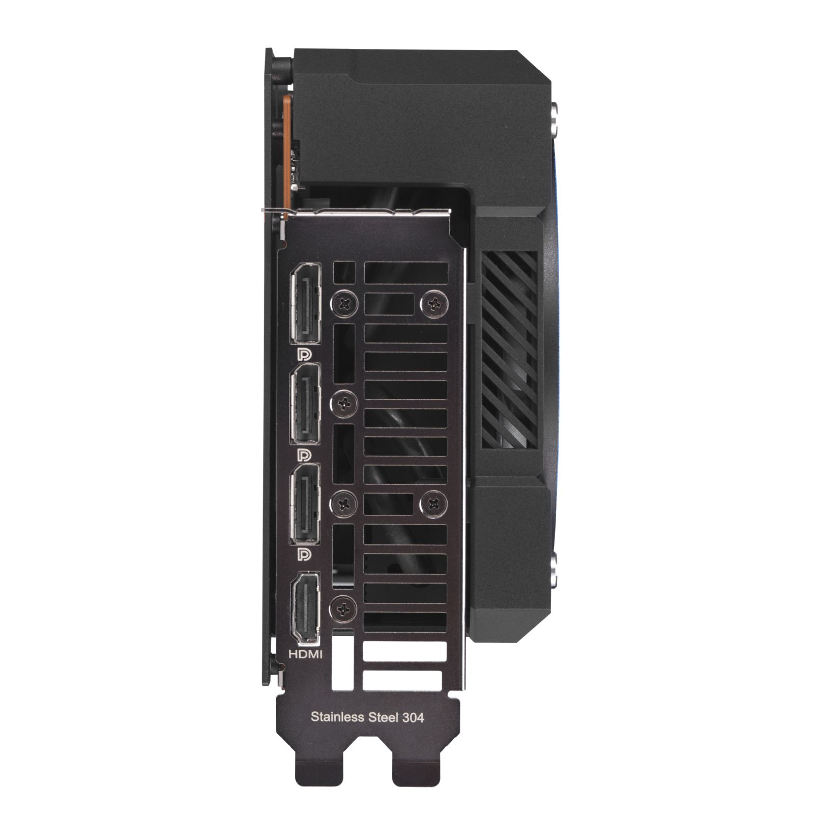 Primo piano di una scheda grafica nera che mostra porte come HDMI e DisplayPort.