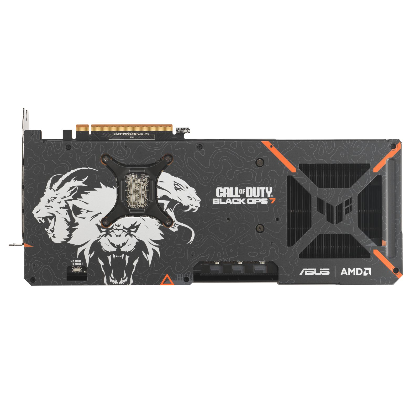 Una scheda grafica con marchio Call of Duty Black Ops 7 e grafica di tigre.