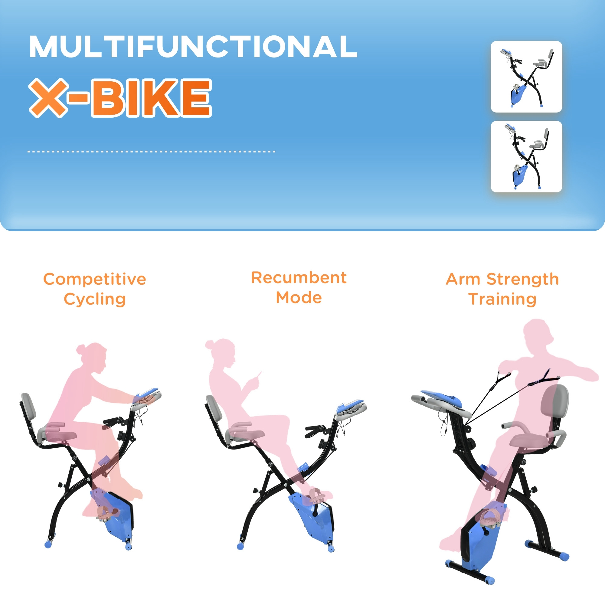 Wielofunkcyjny rower X-bike w trzech trybach: jazda sportowa, leżący i trening ramion.