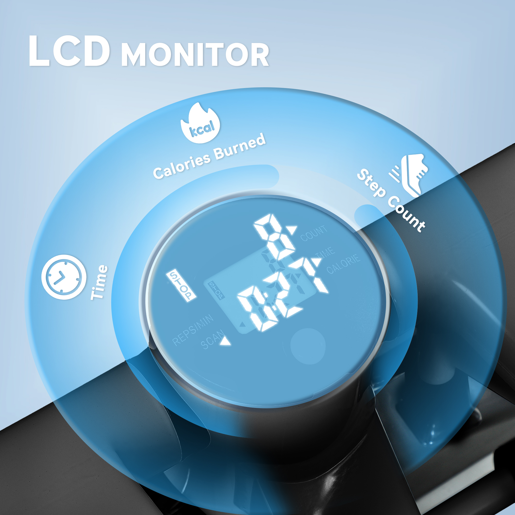 Monitor LCD wyświetla kalorie, kroki, czas i powtórzenia.