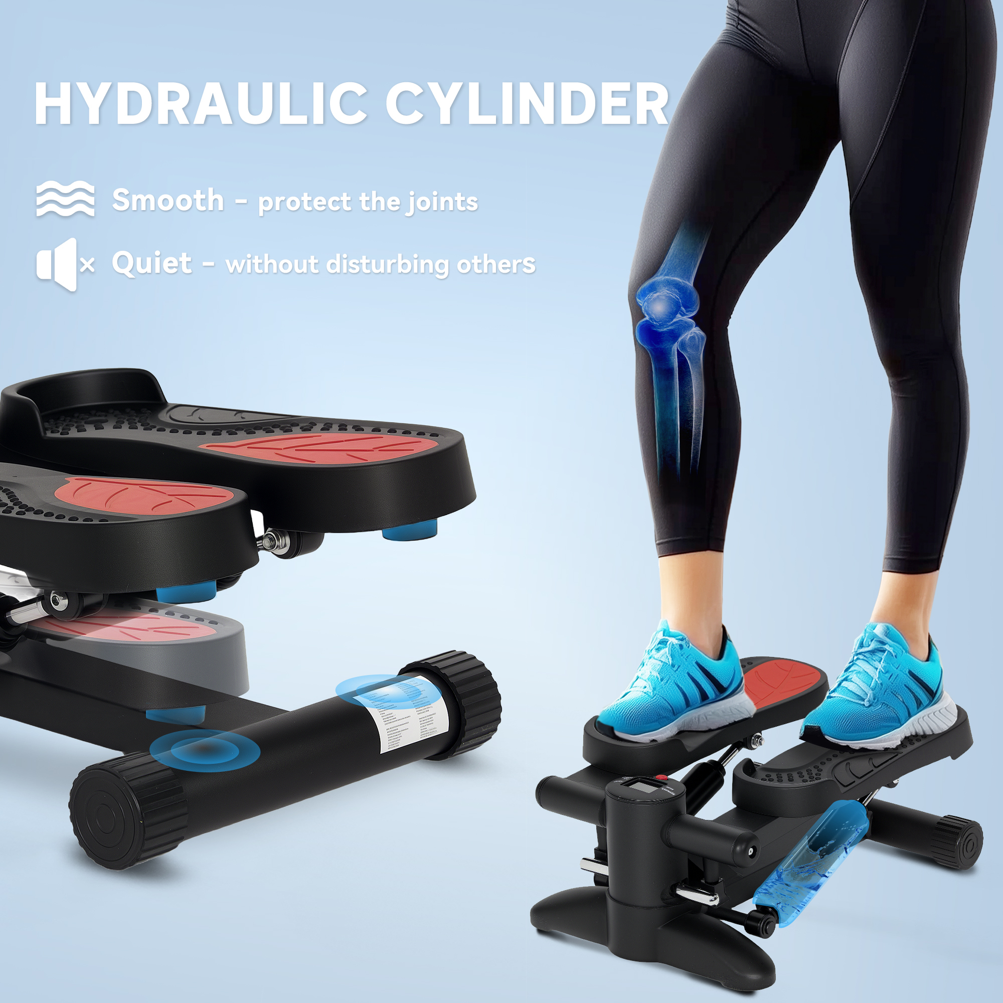 Osoba ćwicząca na stepperze hydraulicznym w niebieskich butach. Grafika niebieskiego kolana.