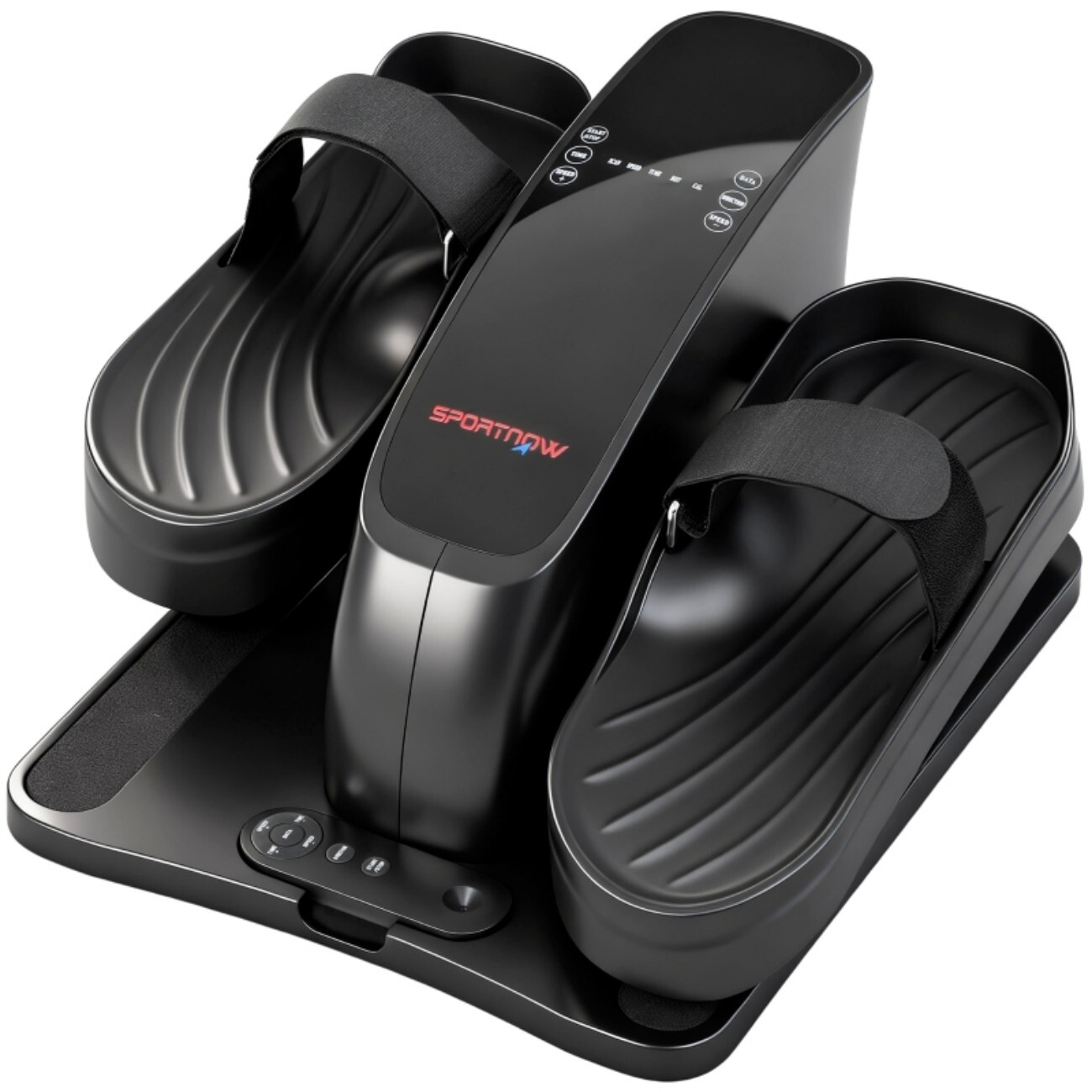 Czarny trenażer eliptyczny do domu z dwoma pedałami, wyświetlaczem i paskami.