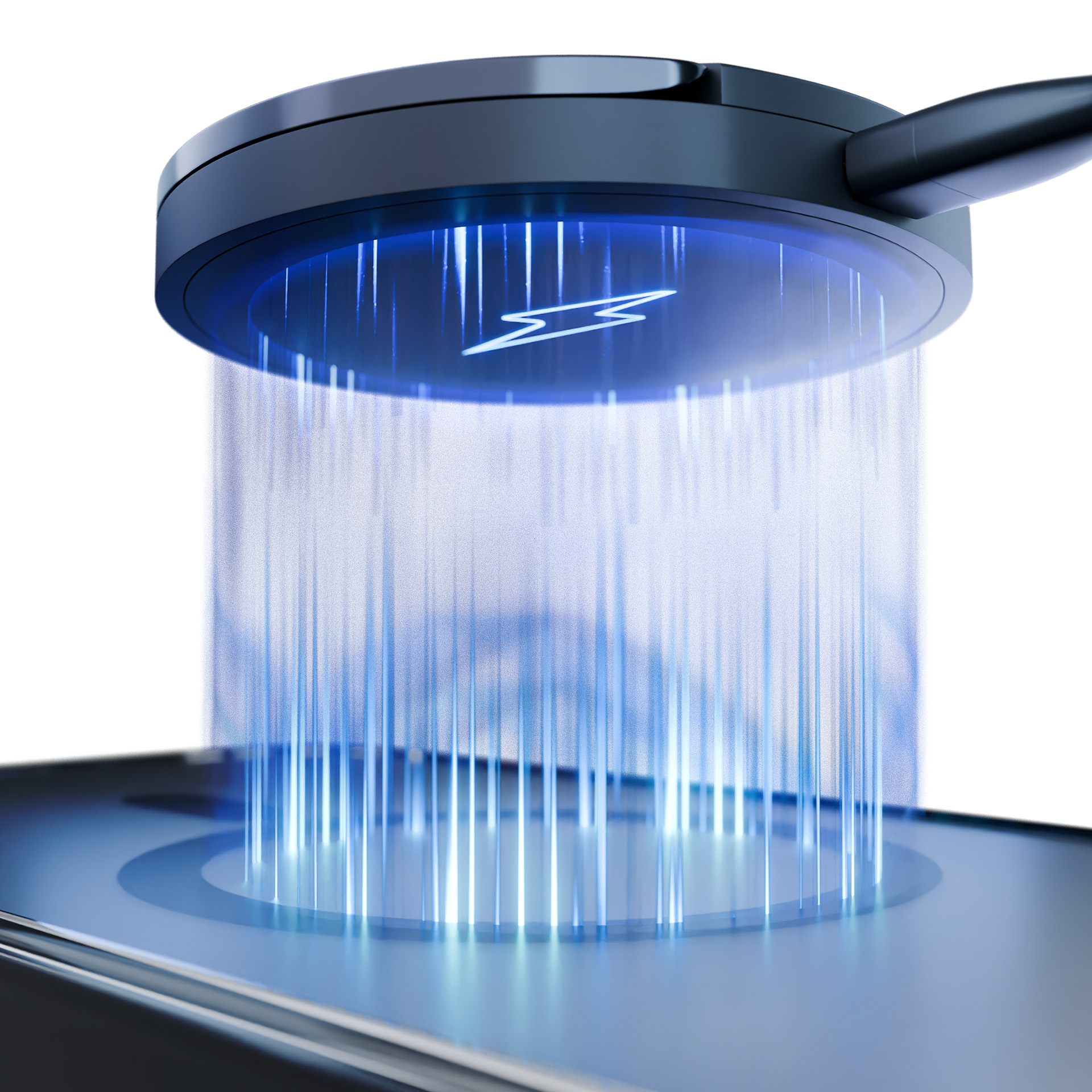 Bezprzewodowa ładowarka z niebieskim promieniem światła ładującym telefon.