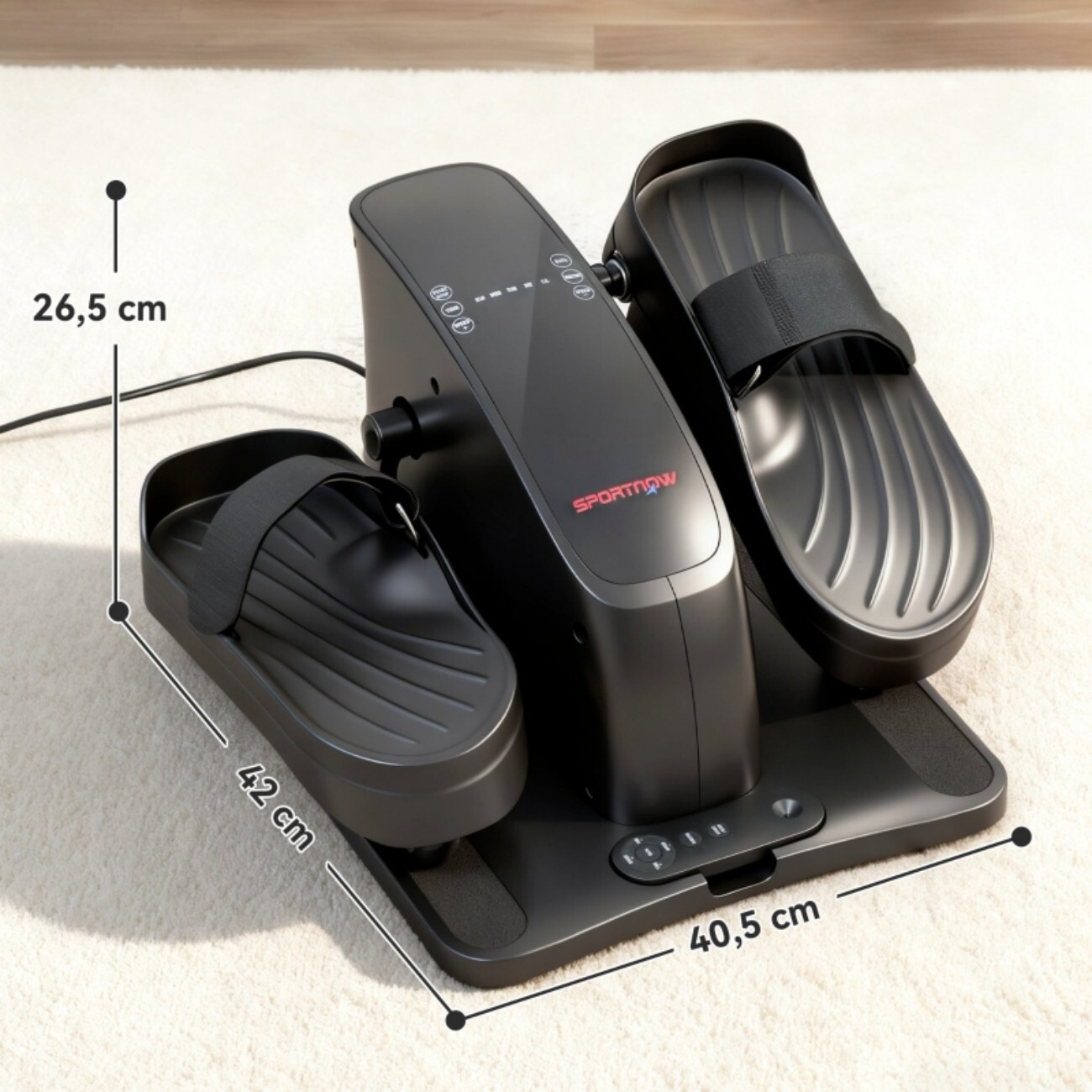 Czarny stepper domowy z pedałami i wyświetlaczem, wymiary 42x40,5x26,5 cm.