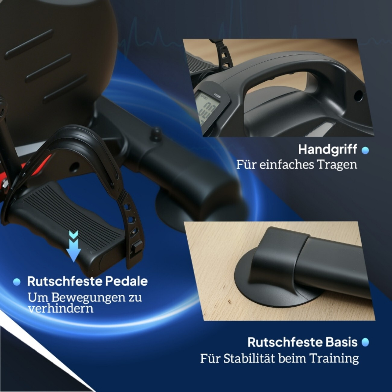 Rower treningowy z antypoślizgowymi pedałami, uchwytem i podstawą.
