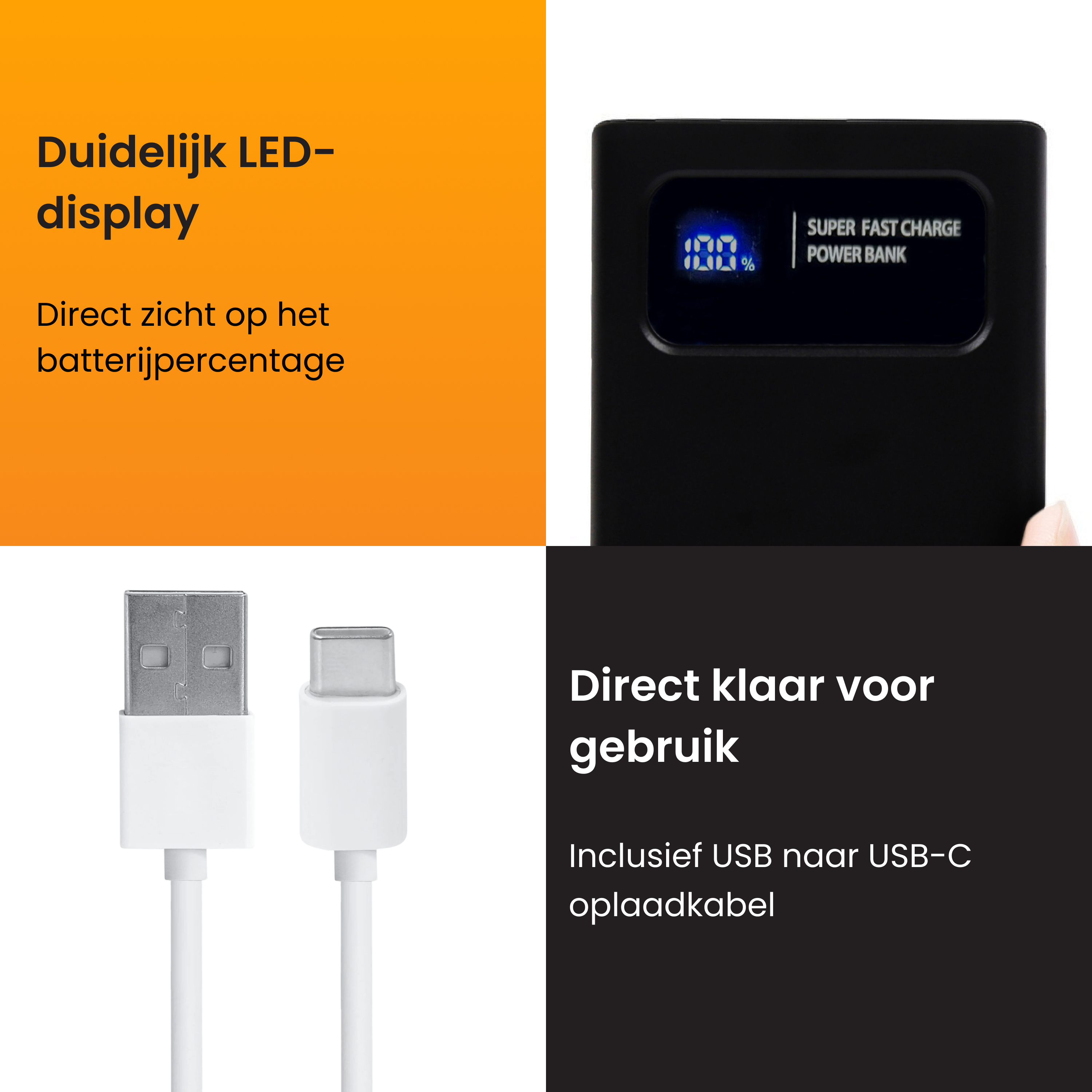 Zwarte powerbank met LED-display (100%) en USB naar USB-C kabel.