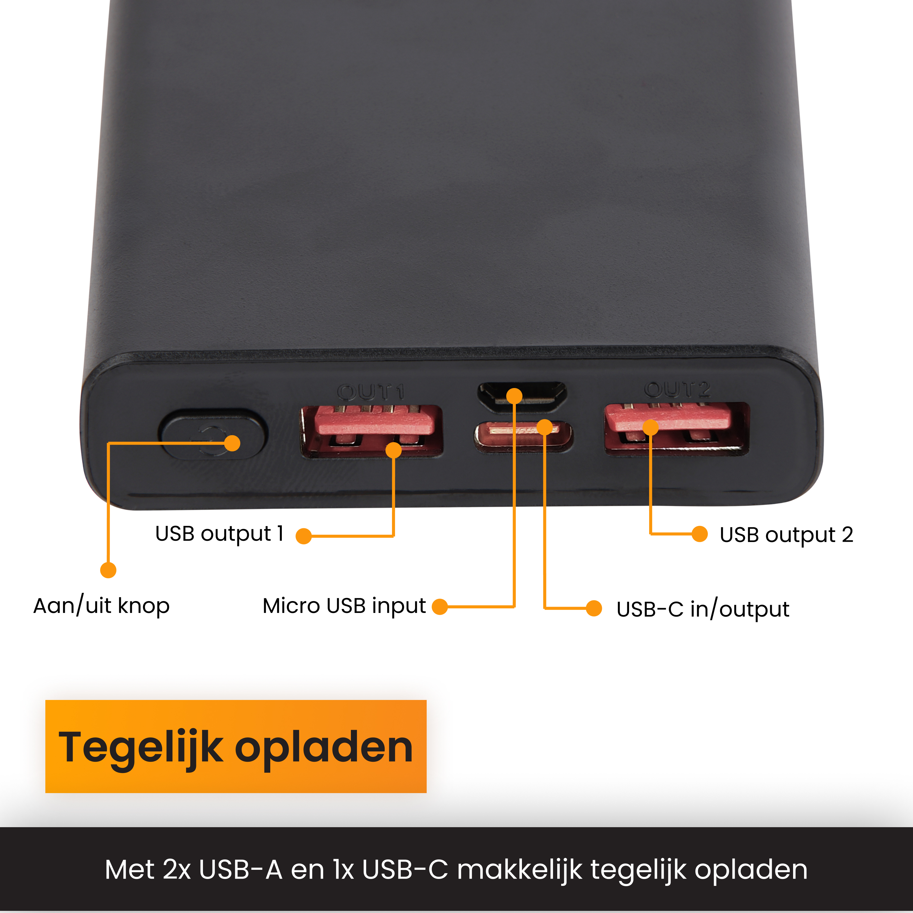 Zwart powerbank detail met poorten: 1x Micro-USB, 2x USB-A, 1x USB-C.