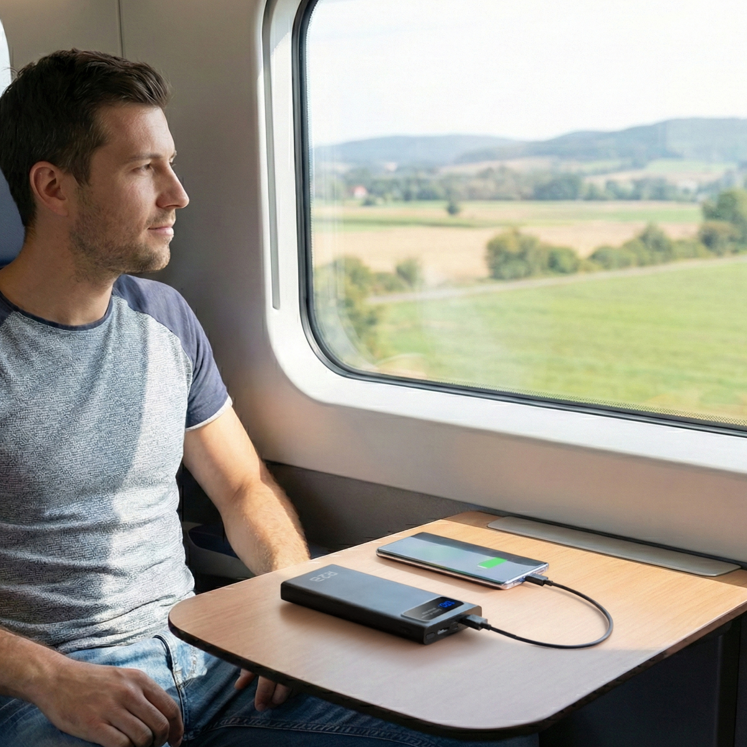 Man in trein laadt telefoon op met powerbank, kijkt uit raam naar landschap.