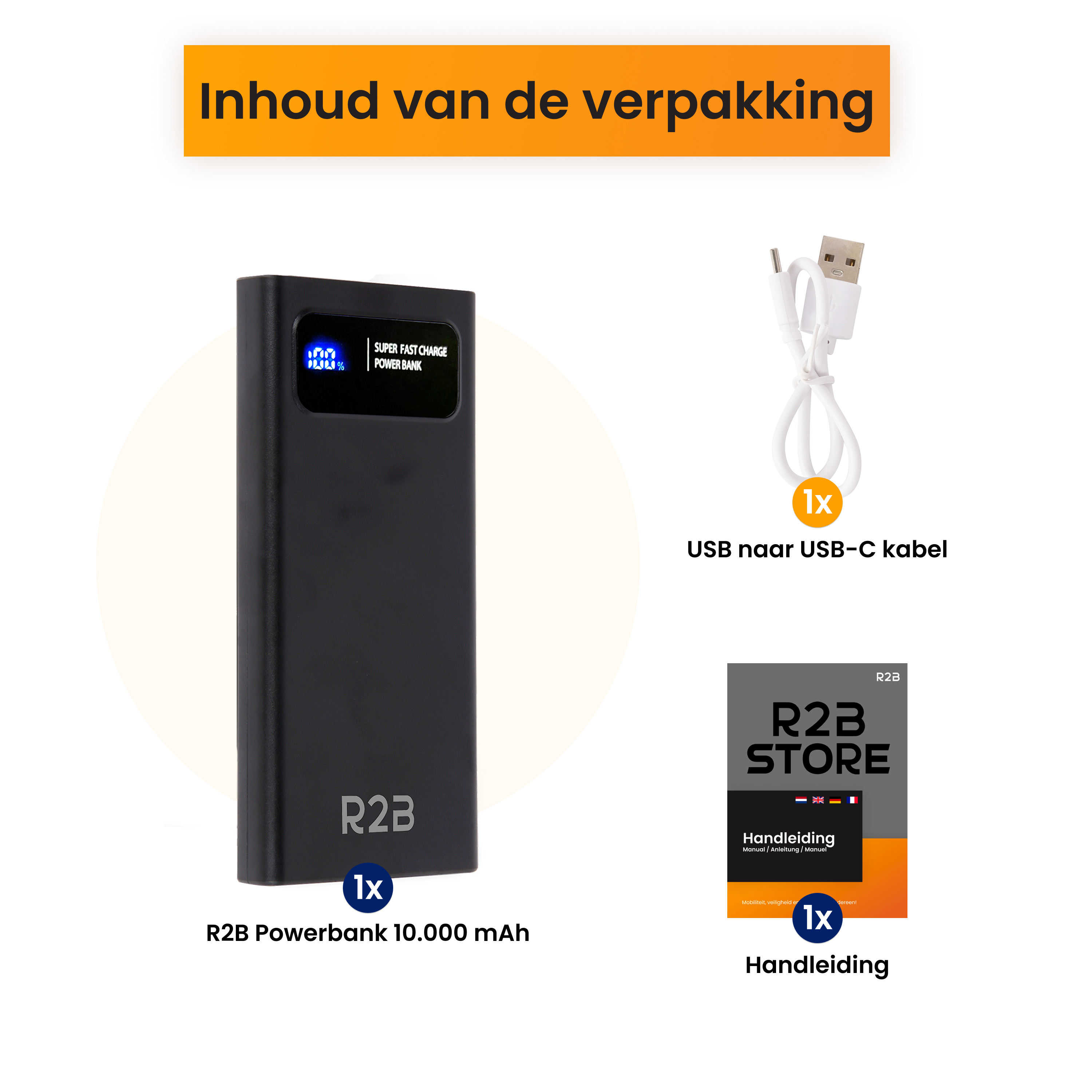 Zwarte R2B Powerbank 10.000 mAh met USB-C kabel en handleiding.